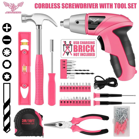 Pink Cordless Screwdriver Kit 3 6V Rechargeable With 112 Piece Home Tools Set For Women including hammer and pliers