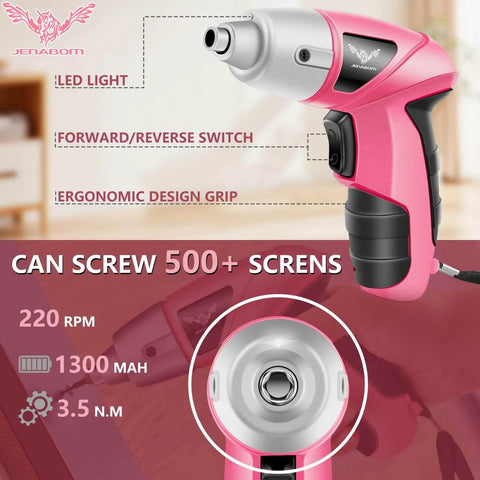 Pink Cordless Screwdriver Kit 3 6V Rechargeable With 112 Piece Home Tools Set For Women, featuring LED light and ergonomic grip.