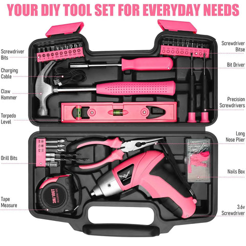 Pink Cordless Screwdriver Kit 3 6V Rechargeable With 112 Piece Home Tools Set For Women, open tool case display.