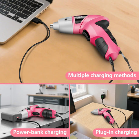 Pink Cordless Screwdriver Kit 3 6V Rechargeable With 112 Piece Home Tools Set For Women showing multiple charging methods