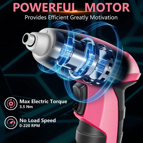 Close-up of pink cordless screwdriver kit 3.6V rechargeable with powerful motor, showcasing ergonomic design and torque specs.