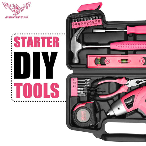 Pink Cordless Screwdriver Kit 3 6V Rechargeable With 112 Piece Home Tools Set For Women open case view