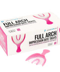 Full Arch Pink Disposable Dental Bite Registration Trays for Teeth Impressions, 30 Count Box beside a rigid frame tray