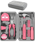 Open Pink Home Repair Tool Kit For Women Who DIY, 24 Piece Starter Hardware Set with hammer, pliers, and screwdrivers in a case