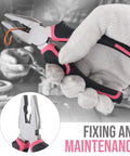 Close-up of pliers from Pink 25 Piece Women DIY Tool Kit Set In Compact Mini Toolbox For Beginners Home Repairs, held in gloved hand
