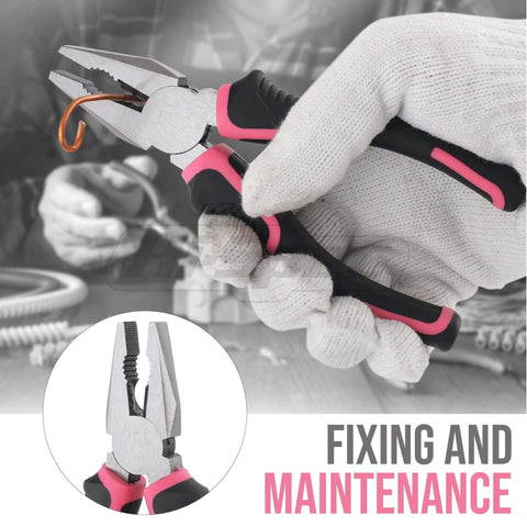 Close-up of pliers from Pink 25 Piece Women DIY Tool Kit Set In Compact Mini Toolbox For Beginners Home Repairs, held in gloved hand