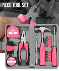 Pink Home Repair Tool Kit For Women Who DIY, 24 Piece Starter Hardware Set with hammer, pliers, screwdrivers in open case