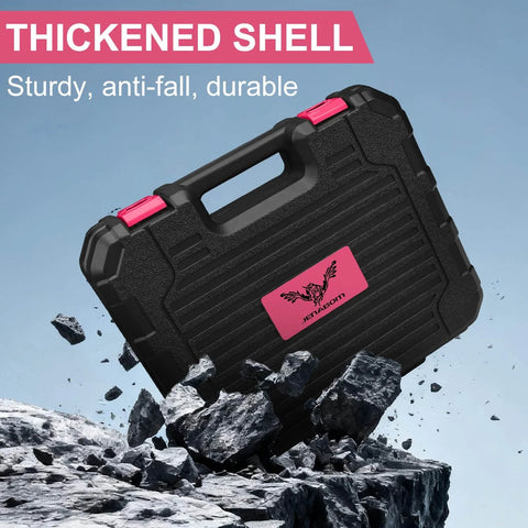 Black carrying case for Pink 12V Cordless Drill Kit With 151-Piece Tool Set, featuring a thickened shell and durable design