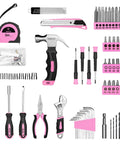 Pink 8V Cordless Drill Kit For Women With LED Light And 126 Piece Accessory Set showing screwdrivers, pliers, and bits.