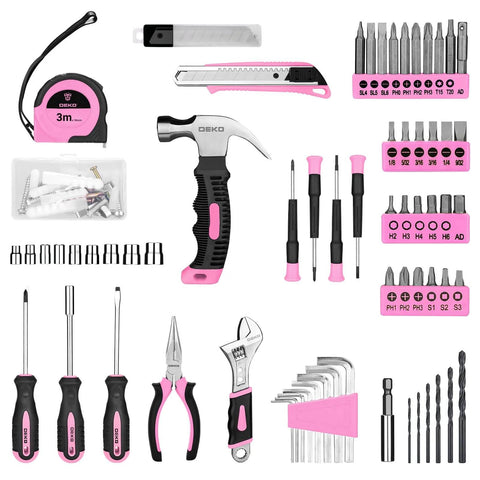 Pink 8V Cordless Drill Kit For Women With LED Light And 126 Piece Accessory Set showing screwdrivers, pliers, and bits.