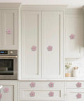 Kitchen cabinets with Petal Flower Drawer Pulls Set 4pcs Zinc Alloy Single Hole Handles With Rhinestone Inlays in pink silver finish installed