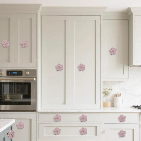 Kitchen cabinets with Petal Flower Drawer Pulls Set 4pcs Zinc Alloy Single Hole Handles With Rhinestone Inlays in pink silver finish installed