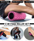 Person using 5 in 1 Foam Roller Set with trigger point foam roller, massage stick, and ball for muscle relief and recovery.