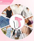 Collage showing pink Handheld Stitch Tag Gun for Clothes, Quick No Sew Fixer for Hems, Seams, and Tags, clothes examples around it