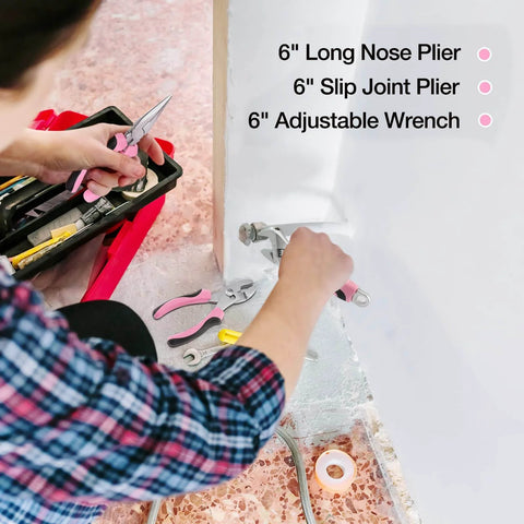 Person using 6-inch pliers from Pink 263-Piece Home Repair Tool Kit With Wide Mouth Storage Bag For DIY Projects And Breast Cancer Awareness Ribbon
