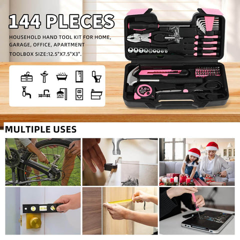Pink 144 Piece Home Tool Kit Set With Plastic Toolbox Handy Starter Kit Built For Dorms Apartments And Office Repairs