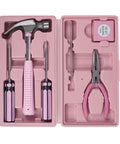 Essential 7 Piece Home Tool Kit With Hammer Phillips Screwdrivers Long Nose Pliers Tweezers And Tape Measure in pink case