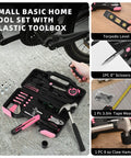 Small basic tool set with plastic toolbox including hammer, scissors, level, tape measure shown on ground near bike repair.