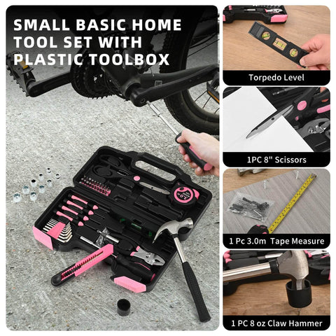 Small basic tool set with plastic toolbox including hammer, scissors, level, tape measure shown on ground near bike repair.
