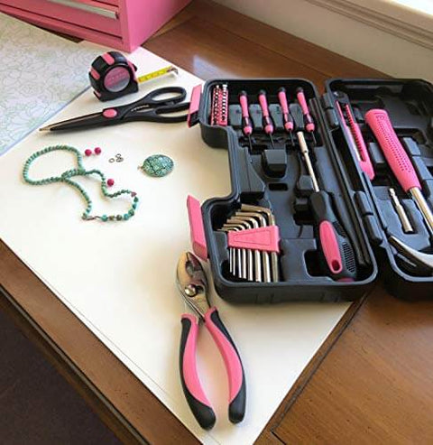 39 Piece General Household Tool Set In A Sturdy Toolbox Case For Everyday Home Repairs, DIY Projects, And Crafts with pink accents.