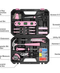 Open Pink 142-Piece Household Tool Kit With Storage Case showcasing tools for home repairs and DIY projects