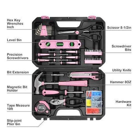 Open Pink 142-Piece Household Tool Kit With Storage Case showcasing tools for home repairs and DIY projects