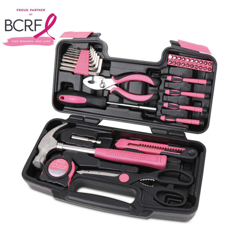 39 Piece General Household Tool Set In A Sturdy Toolbox Case For Everyday Home Repairs, DIY Projects, And Crafts in pink