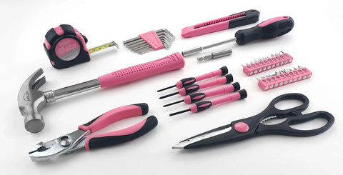 Pink 39 Piece General Household Tool Set in a Sturdy Toolbox Case for Everyday Home Repairs, DIY Projects, and Crafts