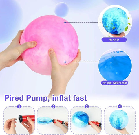 Hands holding 2PCS Inflatable Playground Balls, 8.7 Inch Marbleized Bouncy Balls Rubber Kickballs, inflating with pump