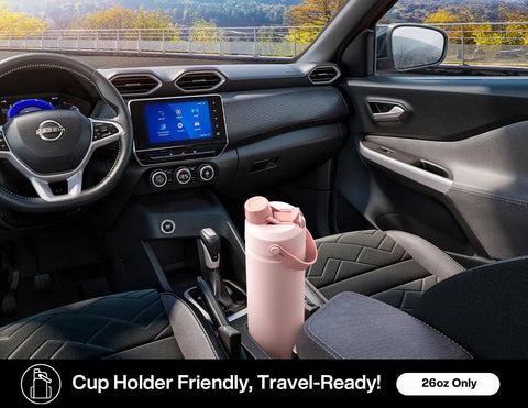 26 oz insulated stainless steel water bottle with a 2‑in‑1 straw and spout lid in car cup holder, leak-proof, travel-friendly
