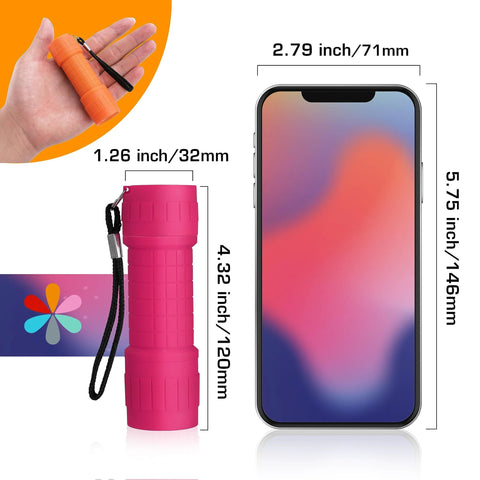 9-LED Flashlight 6-Pack With Lanyards In Assorted Colors, Includes 18 AAA Batteries next to smartphone for size reference