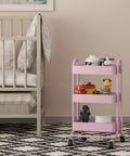 Pink 3 Tier Utility Rolling Cart On Wheels For Kitchen Office Home And Garden Elitehouse Metal Storage Cart With Locking Wheels