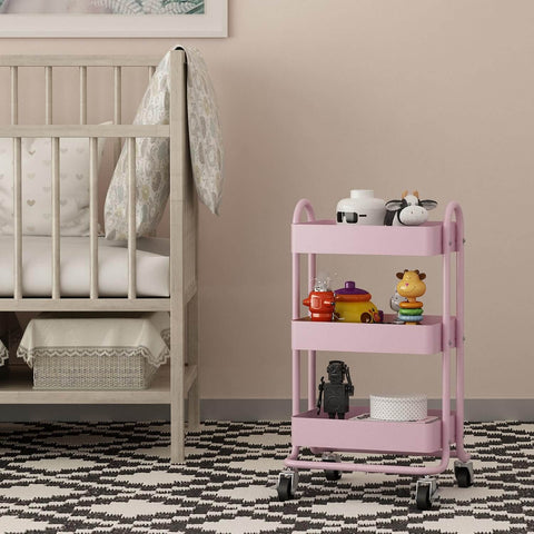 Pink 3 Tier Utility Rolling Cart On Wheels For Kitchen Office Home And Garden Elitehouse Metal Storage Cart With Locking Wheels
