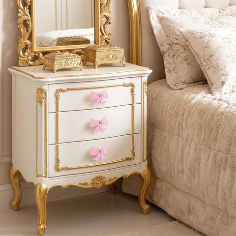 8 Pack Pink Metal Bow Drawer Pulls Set With Screws Zinc Alloy Decorative Handles on white dresser in bedroom decor