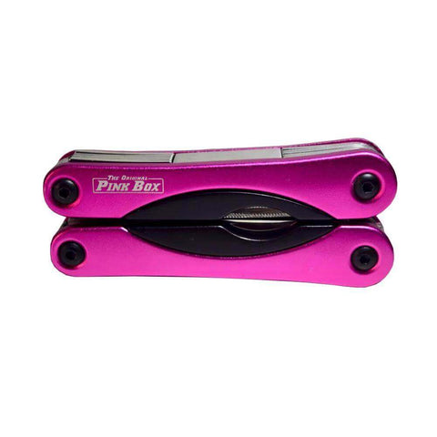 Folded Pink 14-In-1 Aluminum Multi-Tool With Stainless Steel Tools for DIY, Home, Camping, Everyday Carry – Compact and Lightweight