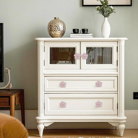 White dresser with Petal Flower Drawer Pulls Set 4pcs Zinc Alloy Single Hole Handles With Rhinestone Inlays For Dresser Closet And Cabinet.