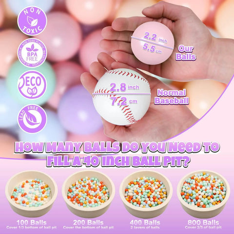 Comparison of pink soft plastic 2.2 inch ball with a baseball, showcasing size and eco-friendly features for Colorful Ball Pit Balls - Pink Soft Plastic Balls Phthalate Free BPA Free Play Balls for Ball Pool Birhtday Party Girls Kids with Storage Bag, 6Colors,100pcs.