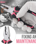Pink 13-Piece Starter Tool Kit In A Portable Case for college dorm, home and office DIY, essential household repair tools for quick fixes, featuring pliers in use.