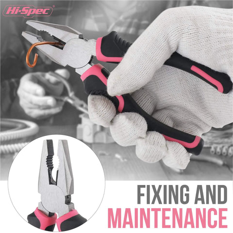 Pink 13-Piece Starter Tool Kit In A Portable Case for college dorm, home and office DIY, essential household repair tools for quick fixes, featuring pliers in use.
