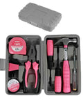 Open gray case with the Pink 13 Piece Tool Set For Women Portable Mini Toolkit For College Dorms Homes And Office Starter Toolbox