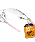 Side view of Pink Protective Safety Glasses For Women And Youth Small Fit For Lab And Cycling with ANSI Z87+ tag