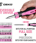 Pink Tool Kit For Women 42 Piece Home DIY Set reversible bit driver with pink and black handle, showing various precision bits.