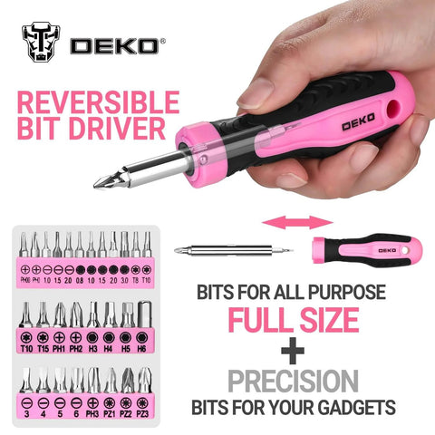 Pink Tool Kit For Women 42 Piece Home DIY Set reversible bit driver with pink and black handle, showing various precision bits.