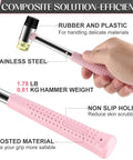 Lightweight 8oz hammer set with a small claw hammer and 25 mm rubber mallet in pink, shown with stainless steel handle and grip details
