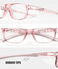 Clear pink safety glasses with side shields, ANSI Z87+, anti-fog, lightweight TR90 frame, for labs and sports