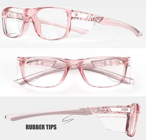 Clear pink safety glasses with side shields, ANSI Z87+, anti-fog, lightweight TR90 frame, for labs and sports