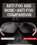 Anti fog comparison of Pink Protective Safety Glasses For Women And Youth Small Fit For Lab And Cycling with normal and anti-fog lenses.