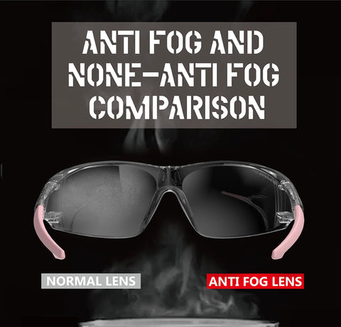 Anti fog comparison of Pink Protective Safety Glasses For Women And Youth Small Fit For Lab And Cycling with normal and anti-fog lenses.