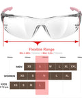 Diagram of Pink Protective Safety Glasses For Women And Youth Small Fit For Lab And Cycling with size range chart.