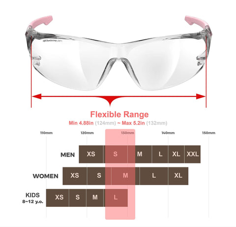 Diagram of Pink Protective Safety Glasses For Women And Youth Small Fit For Lab And Cycling with size range chart.